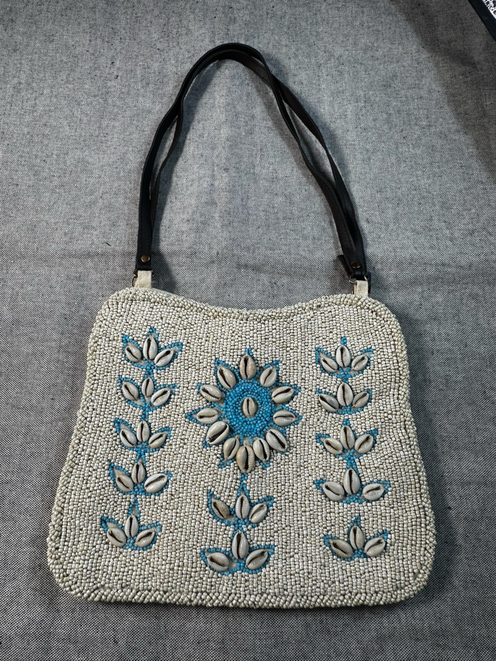 Beaded Cowrie Shell Accent Shoulder Bag - Cream & Turquoise
